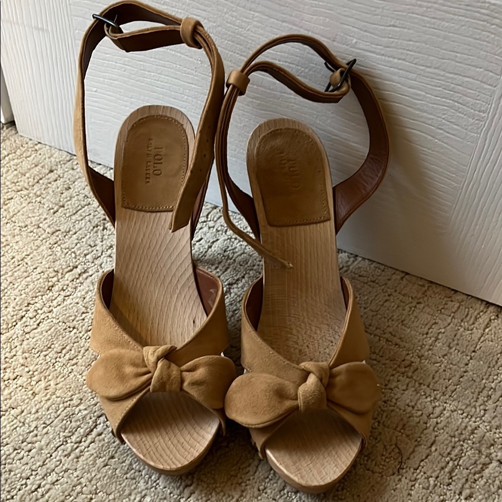 Polo by Ralph Lauren Tan Bow Ankle‎ Strap Wooden Heels 8.5B
